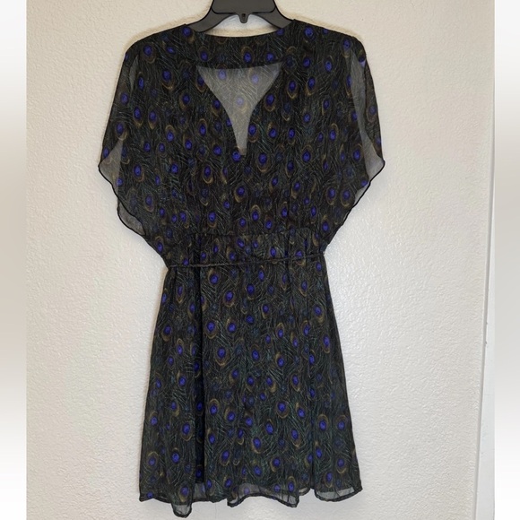 As U Wish Peacock Feather Print Mini Dress Size M Beaded Neckline Belted Boho - Picture 3 of 3